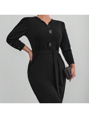 Bi Baksana Kadın Uzun Kollu Düğme Detaylı Kendinden Kemerli Ithal Krep Elbise