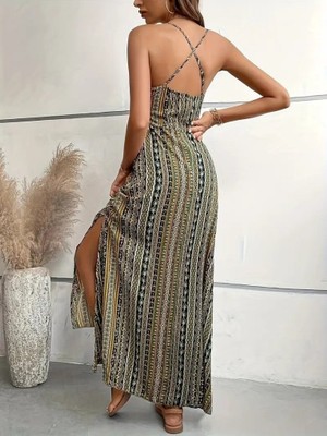 Bi Baksana Kadın Ip Askılı Sırttan Çapraz Detaylı Yırtmaçlı Desenli Süprem Elbise