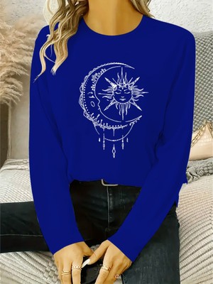 Bi Baksana Kadın Uzun Kollu Bisiklet Yaka Ay Baskılı Viskon Bluz