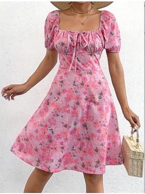 Bi Baksana Kadın Kısa Kollu Mini Çiçek Baskılı Bağcık Detay Süprem Midi Boy Elbise