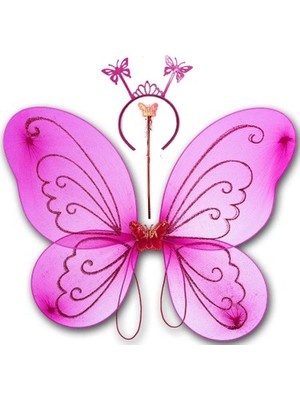 Marsilyan Fuşya Renk Kelebek Kanadı Tacı ve Sopası