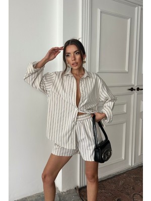 Bi Baksana Poplin Çizgili Gömlek - Şort Takım - Bej