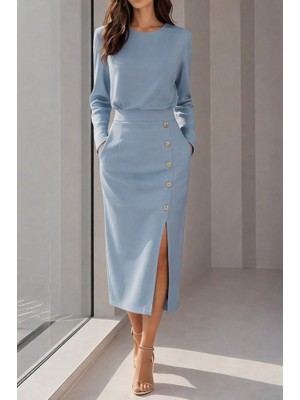 Bi Baksana Kadın Uzun Kollu Bisiklet Yakalı Yandan Yırtmaçlı Düğmeli Midi Ithal Krep Elbise