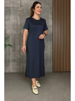 Bi Baksana Kadın Kısa Kollu Bisiklet Yaka Yırtmaçlı Viskon Iki Iplik Elbise