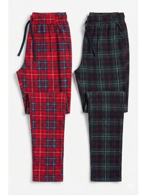 elemge 2’li Takım Erkek Kareli Pijama Altı Cepli Rahat Kalıp Lastikli Ipli Yumuşak Relax Fit Yeşil-Kırmızı Alt Ekoseli