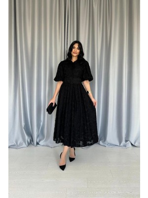 Bi Baksana Siyah Kemerli Balon Kollu Elbise