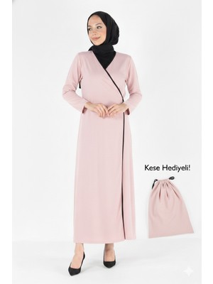 Plistre 1998_PRATIK Yandan Bağlamalı Kruvaze Biye Kuşaklı %100 Pamuk Kumaş Tesettür Namaz Elbisesi