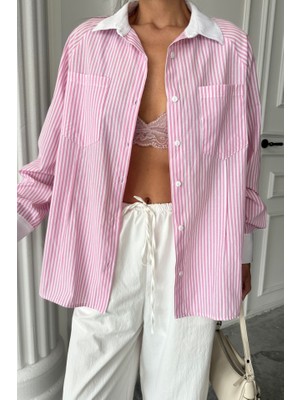 Bi Baksana Yaka ve Manşet Beyazboyfriend Çizgilipoplin Gömlek - Pembe