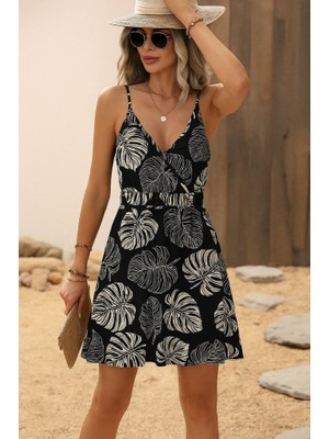 Bi Baksana Kadın Ip Askılı Kruvaze Yakalı Beli Lastikli Kısa Desenli Süprem Elbise