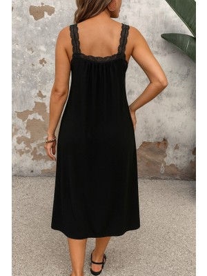 Bi Baksana Kadın Dantel Askılı Kare Yakalı Uzun Viskon Elbise