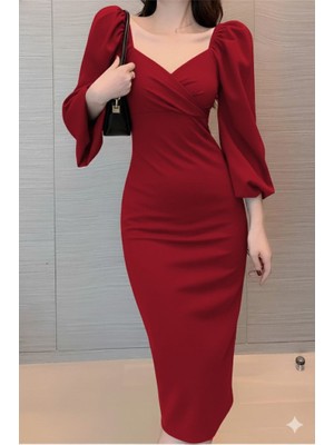 Bi Baksana Kadın Uzun Kollu Kalp Yakalı Midi Ithal Krep Elbise