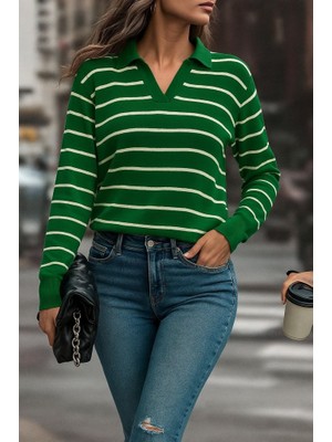 Bi Baksana Kadın Uzun Kollu V Yaka Çizgili Triko Bluz