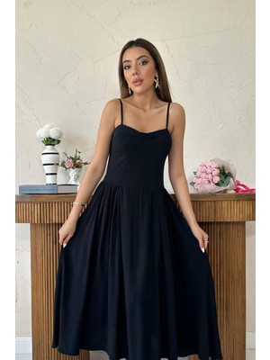 Bi Baksana Siyah Göğüs Kuplu Uzun Büzgülü Elbise