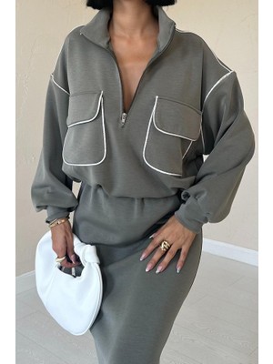 Bi Baksana Haki Biyeli Sweatshirt ve Etek Takım