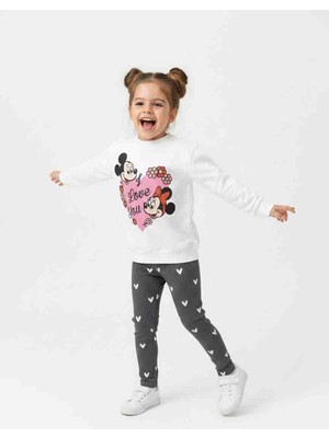 Pini Co Kız Çocuk Mickey Minnie Baskılı Sweatshirt ve Kalp Desenli Fitilli Tayt Alt Üst Takım
