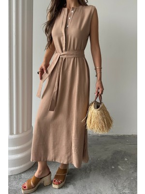 Bi Baksana Keten Elbise Kolsuz Bel Bağlamalı Maxi Elbise - Kahverengi