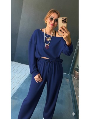 Bi Baksana Kadın Uzun Kollu Tek Omuzdan Açık Viskon Iki Iplik Bluz ve Pantolon Ikili Takım