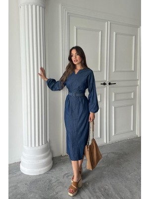 Bi Baksana Mavi Tencel Uzun Kollu Elbise