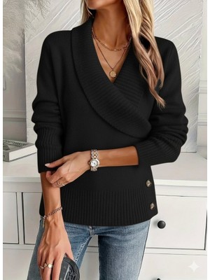 Bi Baksana Kadın Uzun Kollu Yakalı Yandan Düğmeli Triko Bluz