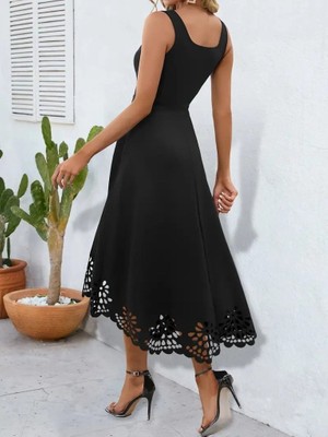 Bi Baksana Kadın Askılı Geometrik Yaka Çiçek Lazer Kesim Ithal Krep Elbise