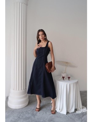 Bi Baksana Lacivert Çift Dikişli Gabardin Elbise