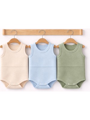 Can Baby %100 Organik Pamuk Bebek Atlet Body 3’lü Set – Kolsuz Unisex Ekru Mavi Yeşil