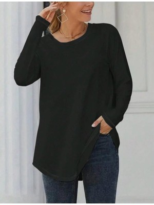 Bi Baksana Kadın Uzun Kollu Yuvarlak Yaka Salaş Iki Iplik Bluz