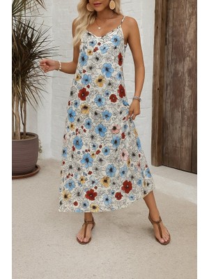 Bi Baksana Kadın Ip Askılı Geniş V Yakalı Desenli Süprem Elbise