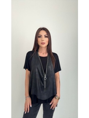 Bi Baksana Kadın Kısa Kollu Yuvarlak Yaka Viskon Bluz + Kolsuz Fermuarlı Çatlak Deri Yelek