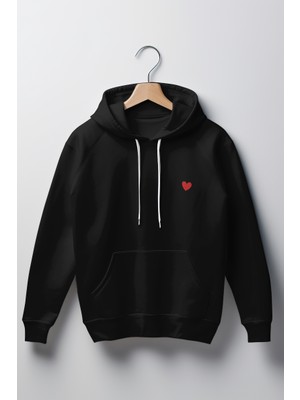 Kalp Baskılı Unisex Standart Fit Kapüşonlu Şardonlu Pamuklu Sweatshirt