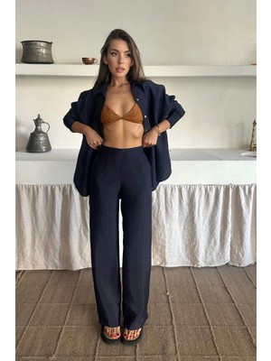 Bi Baksana Gömlek-Pantolon Takım Cupra Kumaş - Lacivert