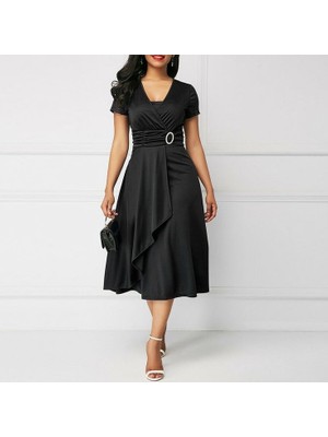 Bi Baksana Kadın Kısa Kollu Kruvaze Yaka Kuşak ve Toka Detay Krep Elbise