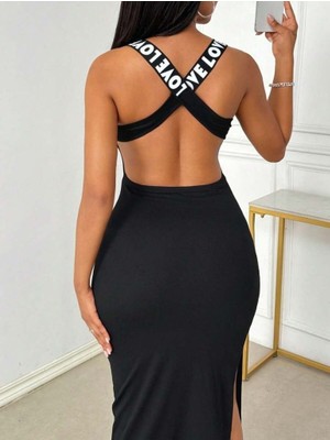 Bi Baksana Kadın Yuvarlak Yaka Sırttan Çapraz Şerit Love Detaylı Yırtmaçlı Viskon Elbise