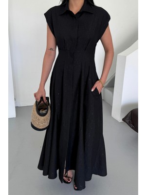Bi Baksana Jakarlı Keten Elbise Önden Yırtmaçlı Cepli - Siyah