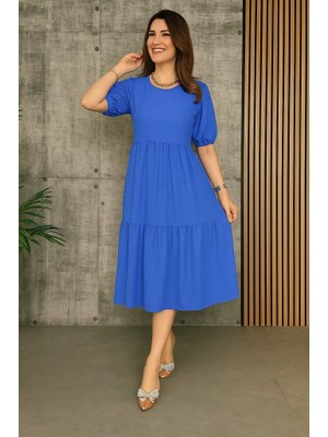 Bi Baksana Kadın Kısa Kollu Yakası Açık Katlı Bürümcük Balon Elbise