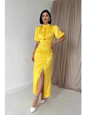 Bi Baksana Sarı Büzgülü Saten Elbise
