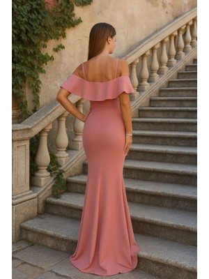 Bi Baksana Kadın Dalgıç Krep Yırtmaç Detaylı Askılı Maxi Boy Elbise