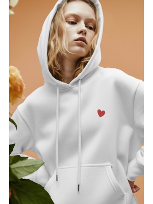 Kalp Baskılı Unisex Standart Fit Kapüşonlu Şardonlu Pamuklu Sweatshirt