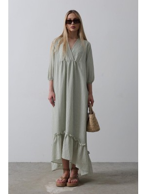 Bi Baksana Çizgili Oversize V Yaka Elbise - Haki