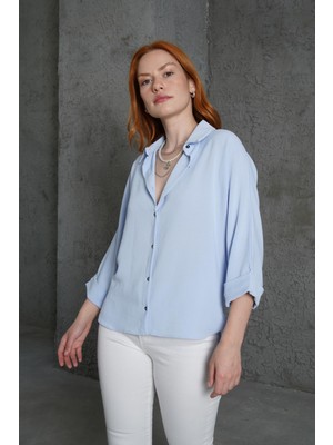 Bi Baksana Kol Katlama Detaylı Bebe Mavi Gömlek