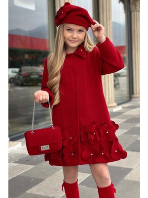 Riccotarz Kız Çocuk Yakası Taş ve Yonca Detaylı Çıtçıt Düğmeli Kırmızı Kaşe