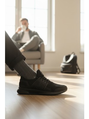 Enoch Erkek Tam Siyah Spor Ayakkabı Kafesli Yan Destekli Sneaker Günlük Rahat Yürüyüş Modeli