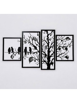 Lazer Kesim Ağaç ve Kuş Silüetli 4'lü Duvar Tablosu Seti
