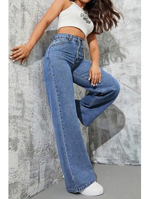 Palazzo Pantolon Orta Mavi Yüksek Bel Geniş Paça Bol Kesim Premium Jeans