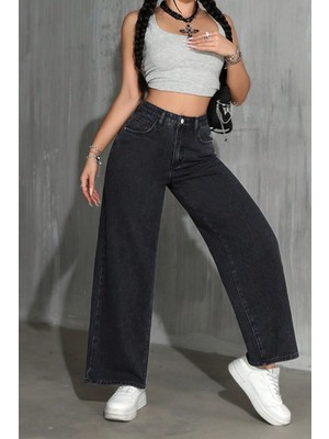 Palazzo Pantolon Koyu Füme Yüksek Bel Geniş Paça Bol Kesim Premium Jeans