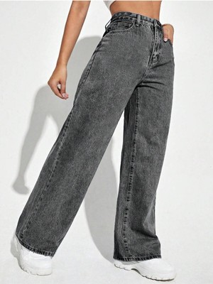 Palazzo Pantolon Füme Yüksek Bel Geniş Paça Bol Kesim Premium Jeans
