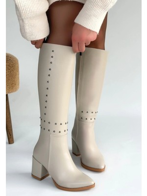 OEY Fashions Tiyan Bej Cilt Topuklu Çizme