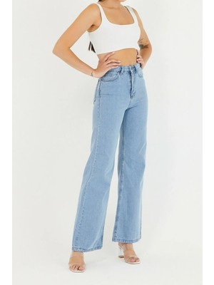 Palazzo Pantolon Buz Mavi Yüksek Bel Geniş Paça Bol Kesim Premium Jeans