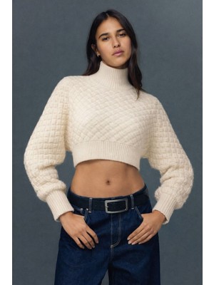 Balıkçı Yaka Hasır Örgü Crop Kazak