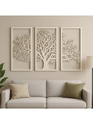 3 Parçalı Hayat Ağacı Lazer Kesim Ahşap Duvar Dekoru